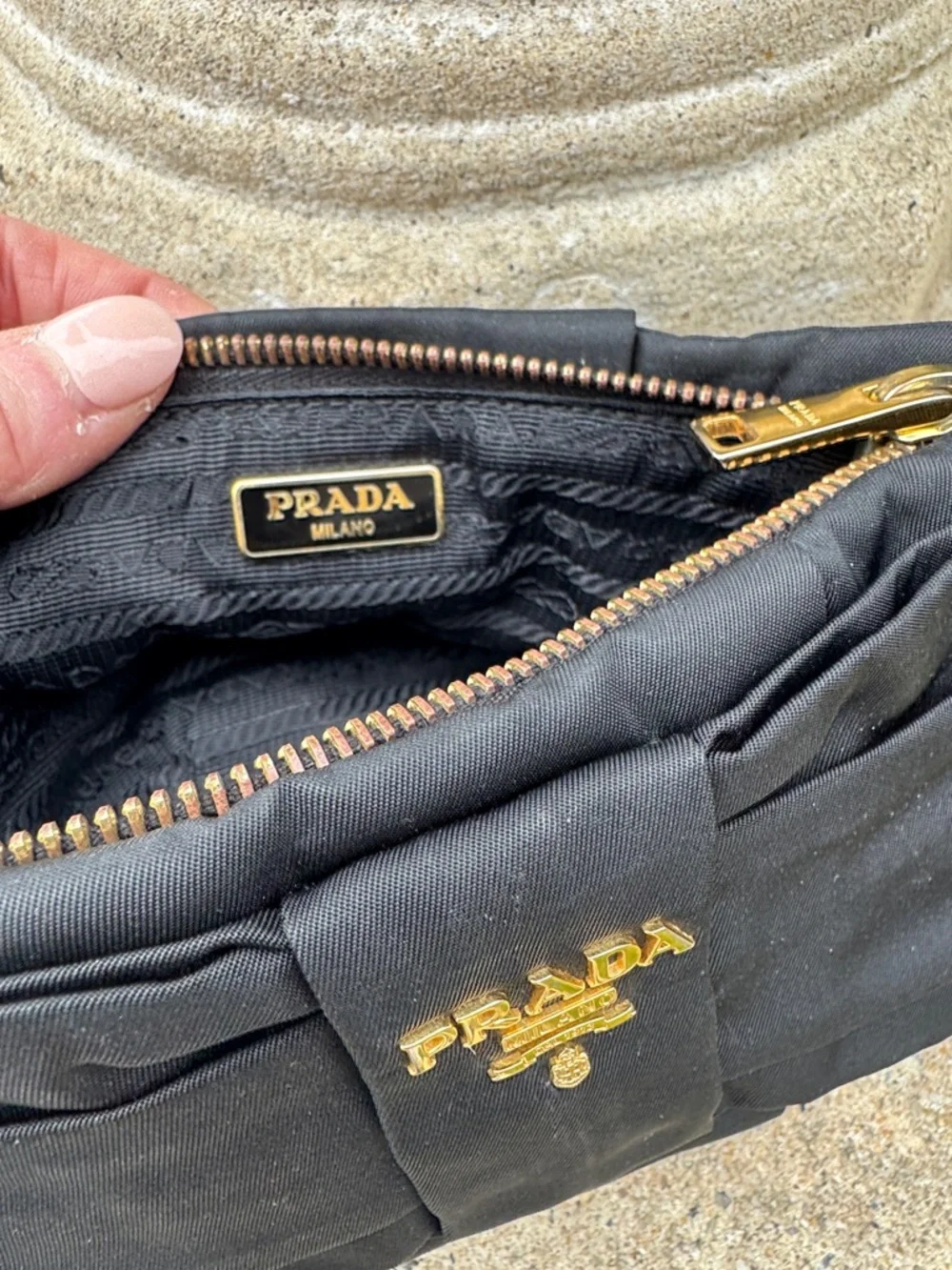 Prada Tessuto Nylon Bow Wristlet featuring a bow accent and gold tone hardware - Picture 3 of 16
